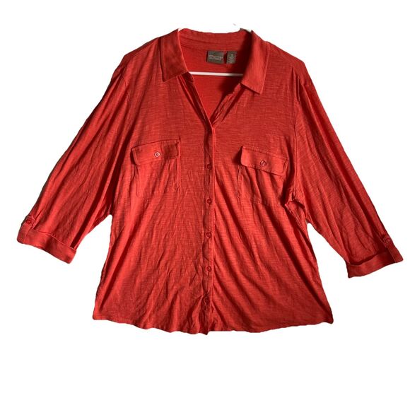 Chicos Shirt Women Sz 3 XL Red  Soft Flowy Button Up Pocket - Picture 1 of 7